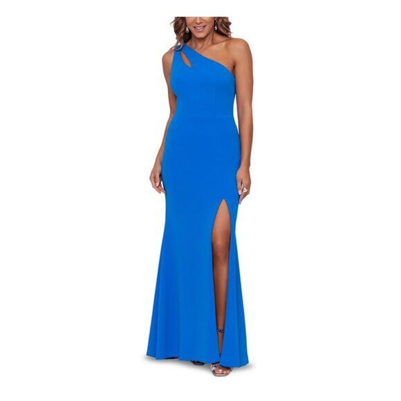 Xscape One Shoulder Front Slit Sleeveless Fit & Flare Maxi Dress Blue Women's 4 - Picture 1 of 6